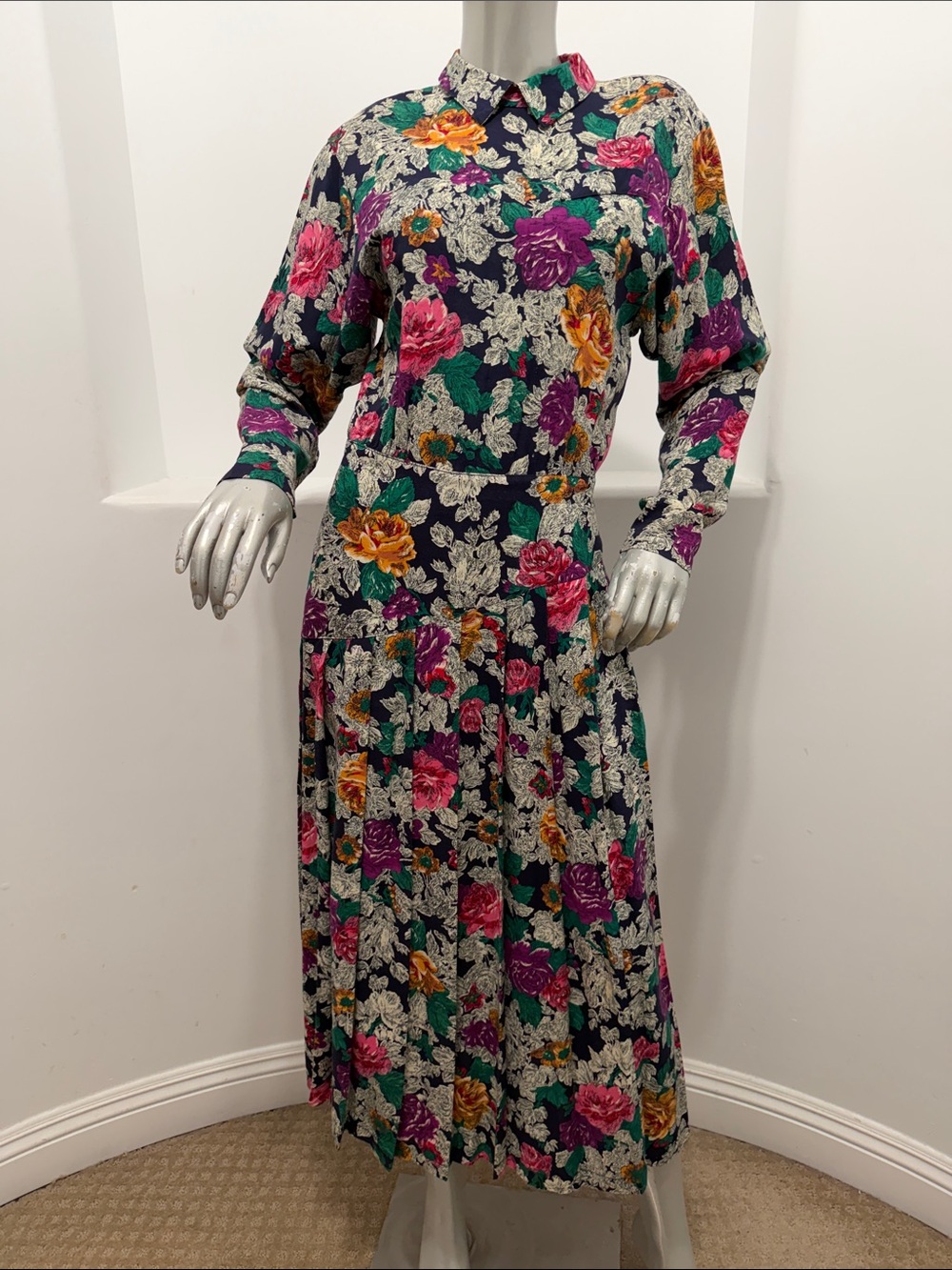 Dennis Goldsmith Vintage Floral Rayon Midi Dress Sz 4 Drop Waist Pleated